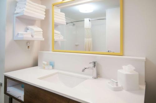 a bathroom with a sink and a mirror and towels at Hampton Inn Metairie in Metairie