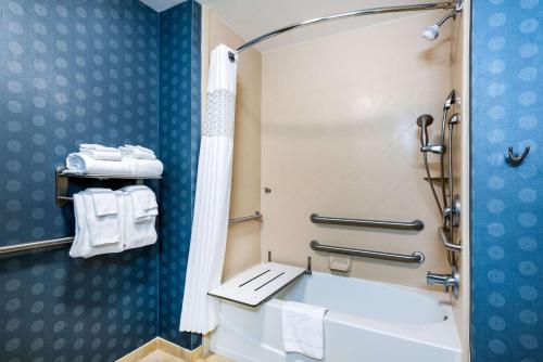 La salle de bains est pourvue d'un lavabo, d'une douche et de serviettes. dans l'établissement Hampton Inn Murrells Inlet/Myrtle Beach Area, à Myrtle Beach