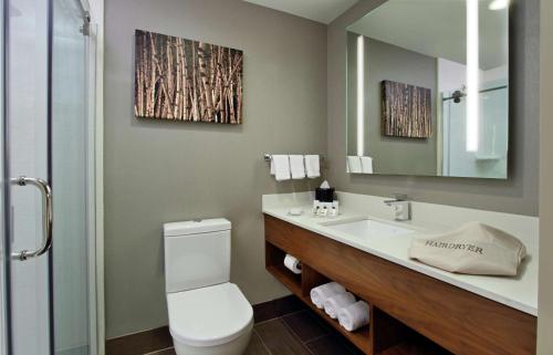 a bathroom with a toilet and a sink and a mirror at Hilton Garden Inn New York/Midtown Park Avenue in New York