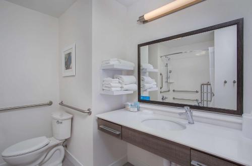a bathroom with a sink and a toilet and a mirror at Hampton Inn Vincennes in Vincennes