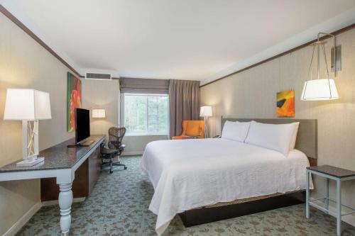 Habitación de hotel con cama grande y escritorio. en Hilton Garden Inn Olympia, WA en Olympia