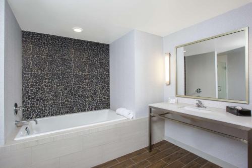 奧林匹亞的住宿－華盛頓州奧林匹亞希爾頓花園酒店，带浴缸、水槽和镜子的浴室