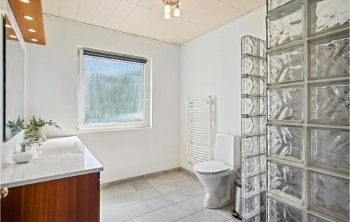 a bathroom with a toilet and a sink and a window at Lovely Home In Nordborg With Wifi in Nordborg