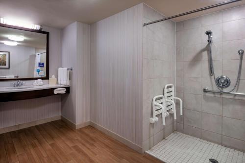 a bathroom with a shower and a sink at Hilton Garden Inn Devens Common in Devens