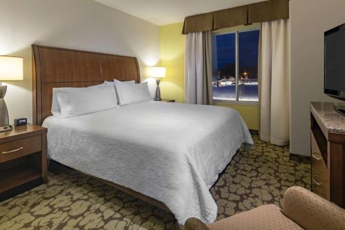um quarto de hotel com uma cama grande e uma janela em Hilton Garden Inn Devens Common em Devens