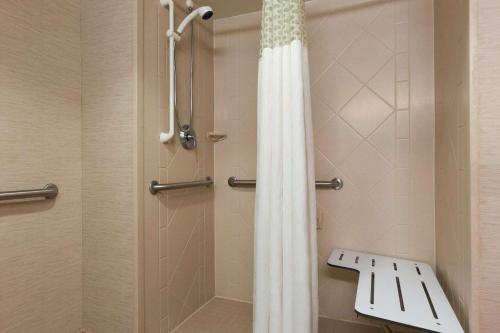 y baño con ducha con cortina blanca. en Hampton Inn & Suites Williamsburg Historic District, en Williamsburg