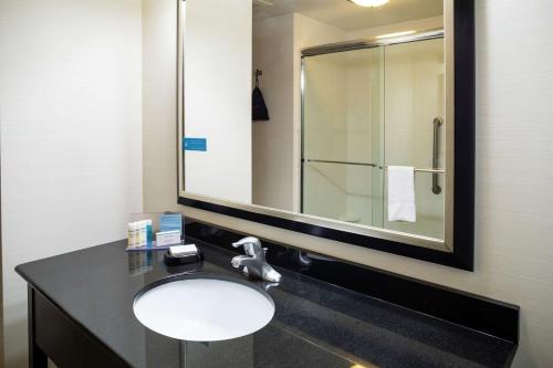 a bathroom with a sink and a large mirror at Hampton Inn Limerick in Limerick