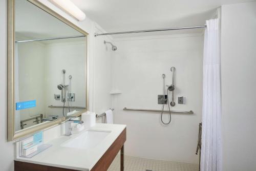 a bathroom with a sink and a shower and a mirror at Hampton Inn Glendale-Peoria in Peoria