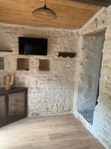 Cette chambre aux murs en pierre dispose d'une télévision et d'une cheminée. dans l'établissement Le petit lodge cosy, à Saint-Savinien