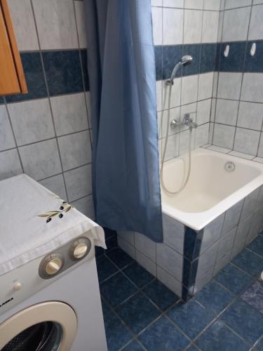 a bathroom with a shower and a sink and a washing machine at Galini Apartments in Plakias