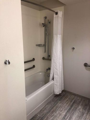 a bathroom with a tub and a shower with a shower curtain at The Island House Hotel a Doubletree by Hilton in Orange Beach