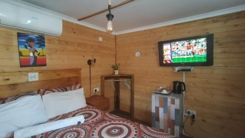 een slaapkamer met een bed en een tv aan de muur bij The CabinGuesthouse in Gaborone