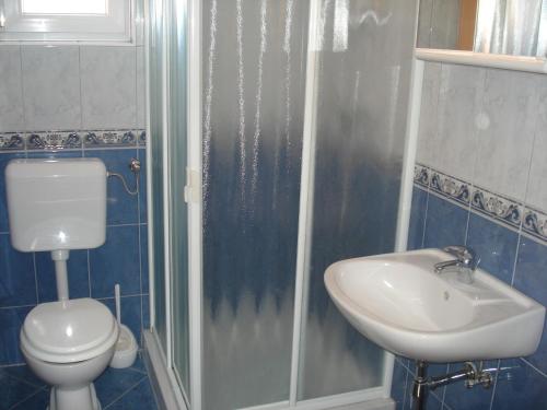 La salle de bains est pourvue de toilettes et d'un lavabo. dans l'établissement Apartments Buzleta, à Fažana