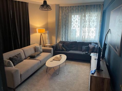 ein Wohnzimmer mit einem Sofa und einem Tisch in der Unterkunft Deluxe Two bedroom apartment in nışantaşı in Istanbul