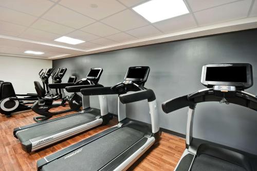 a gym with treadmills and a row of exercise bikes at Tru By Hilton Deadwood in Deadwood