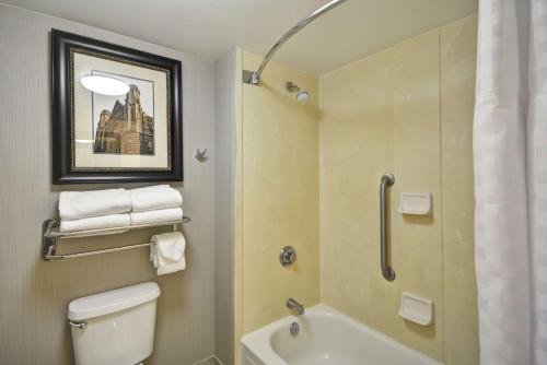 a bathroom with a shower and a toilet and a sink at Homewood Suites Durham-Chapel Hill I-40 in Durham