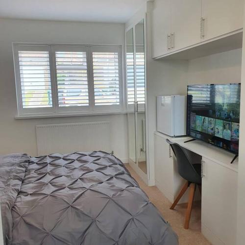a bedroom with a bed and a desk and a television at 2 bedroom house with lovely garden and views in Brighton & Hove
