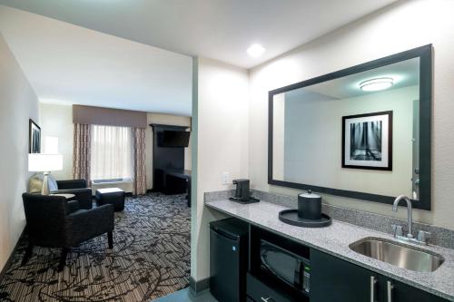 Habitación de hotel con lavabo y espejo en Hampton Inn and Suites Roanoke Airport/Valley View Mall en Roanoke