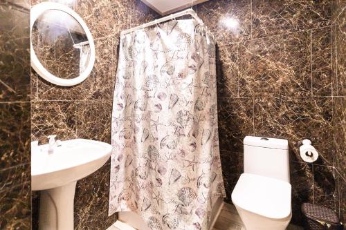 a bathroom with a toilet and a sink and a mirror at Hotel Las Rosas de Punta Cana in Punta Cana