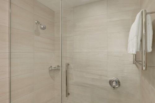 a bathroom with a shower with a glass door at Hilton Garden Inn Rochester - University & Medical Center in Rochester