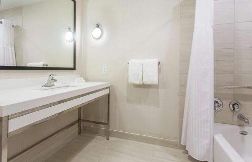 a bathroom with a sink and a shower at Hilton Garden Inn Rochester - University & Medical Center in Rochester