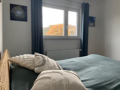 un dormitorio con una cama y una ventana en Wohlfühlwohnung in Gummersbach, en Gummersbach