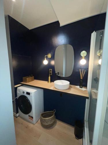 uma casa de banho com uma máquina de lavar roupa e um espelho. em Le loft du chapitre em Saint-Brieuc