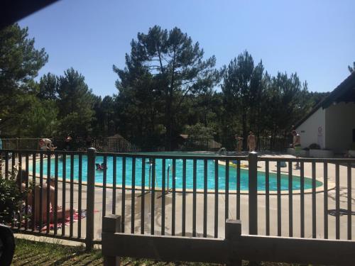 une piscine derrière une clôture avec un chien dans l'établissement appartement T2 proche du golf et de la plage, à Moliets-et-Maa