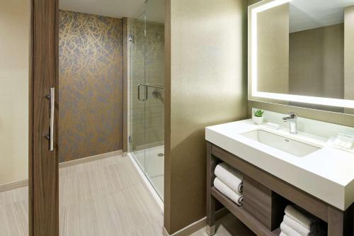 uma casa de banho com um lavatório e um chuveiro em Hilton Garden Inn San Diego Mission Valley/Stadium em San Diego