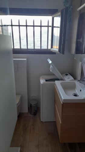 une petite salle de bain avec un lavabo et une fenêtre dans l'établissement maison de vacances avec piscine, à Berre-des-Alpes