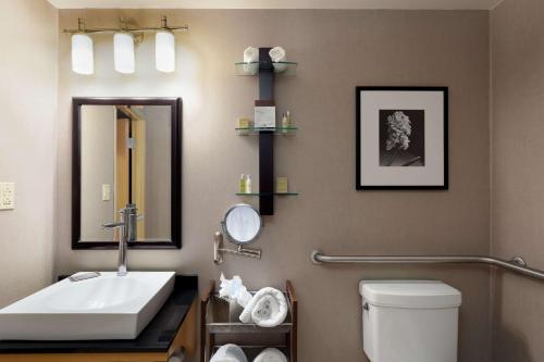 a bathroom with a sink and a mirror and a toilet at DoubleTree by Hilton Hotel Savannah Airport in Savannah