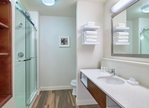 ein Bad mit einem Waschbecken und einer Glasdusche in der Unterkunft Hampton Inn and Suites Schertz in Schertz