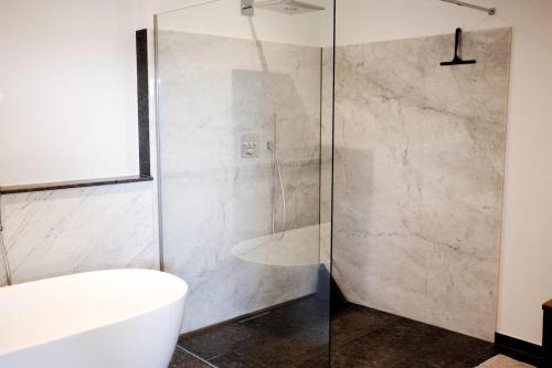 a bathroom with a shower with a toilet and a tub at Trautesheim Ferienwohnungen in Wangen im Allgäu