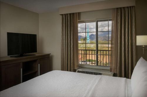 a bedroom with a bed and a television and a window at Hampton Inn & Suites Phoenix/Scottsdale in Scottsdale
