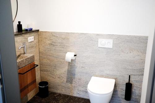 a bathroom with a toilet and a sink at Trautesheim Ferienwohnungen in Wangen im Allgäu