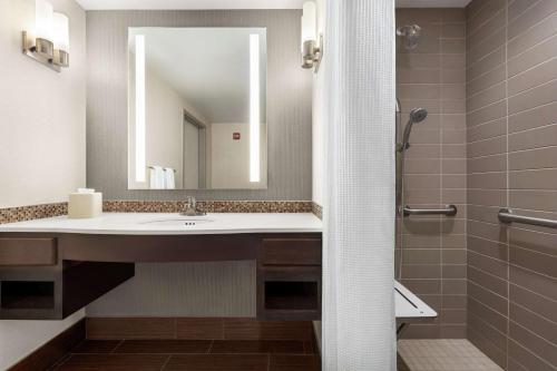 bagno con lavandino e specchio di Hilton Garden Inn Louisville Downtown a Louisville