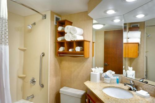 a bathroom with a sink and a toilet and a mirror at Hampton Inn Salt Lake City/Sandy in Sandy
