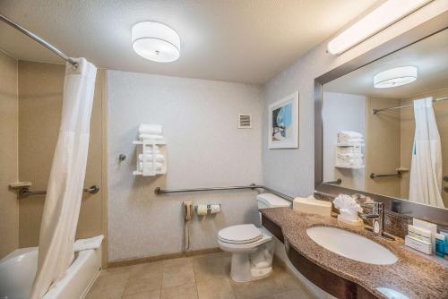 een badkamer met een wastafel, een toilet en een spiegel bij Hampton Inn Oakland-Hayward in Hayward