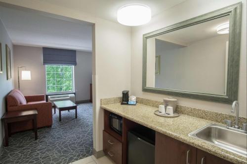 Habitación de hotel con lavabo y espejo en Hampton Inn & Suites Berkshires-Lenox, en Lenox