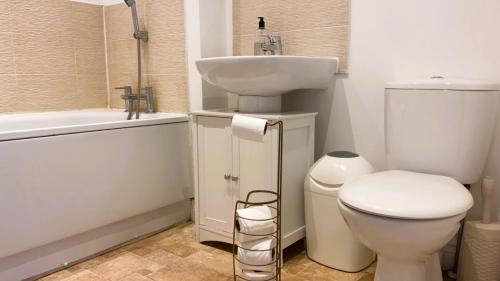 een badkamer met een wit toilet en een wastafel bij Bridgefield House in Ashford