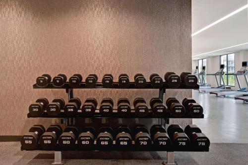 a rack of dumbbells on a wall in a gym at Home2 Suites By Hilton Anaheim Resort in Anaheim
