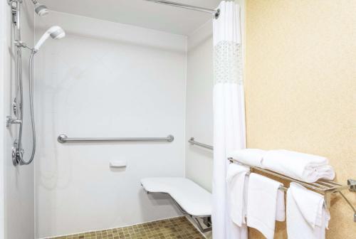 サマセットにあるHampton Inn Somersetのバスルーム(シャワー、白いタオル付)