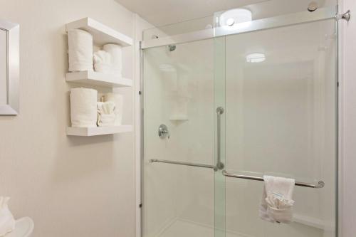 a bathroom with a shower with a glass door at Hampton Inn Santa Cruz in Santa Cruz