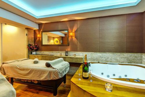 een grote badkamer met een bad en een bed bij private apartment hotel Regnum Bansko in Bansko
