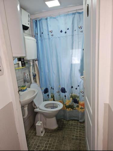 a bathroom with a toilet and a blue shower curtain at Camp Miroc water in Brza Palanka