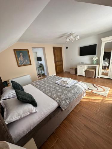 a bedroom with a large bed and a flat screen tv at VILA ANA in Băile Herculane