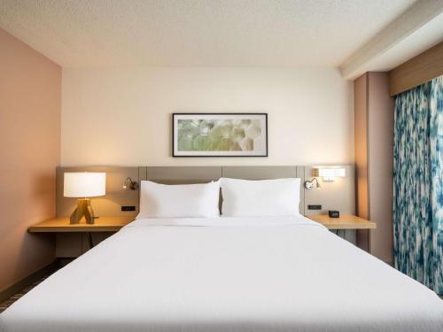 a bedroom with a large white bed and two lamps at Hilton Garden Inn Toledo Downtown in Toledo