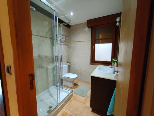 a bathroom with a shower and a toilet and a sink at Casa in Artea