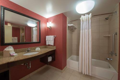 a bathroom with a sink and a tub and a mirror at Hilton Garden Inn Tupelo in Tupelo