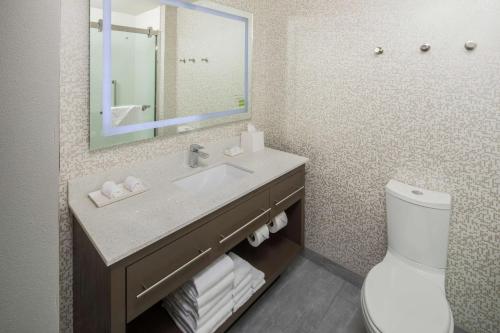 a bathroom with a sink and a toilet and a mirror at Home2 Suites by Hilton Owasso in Owasso